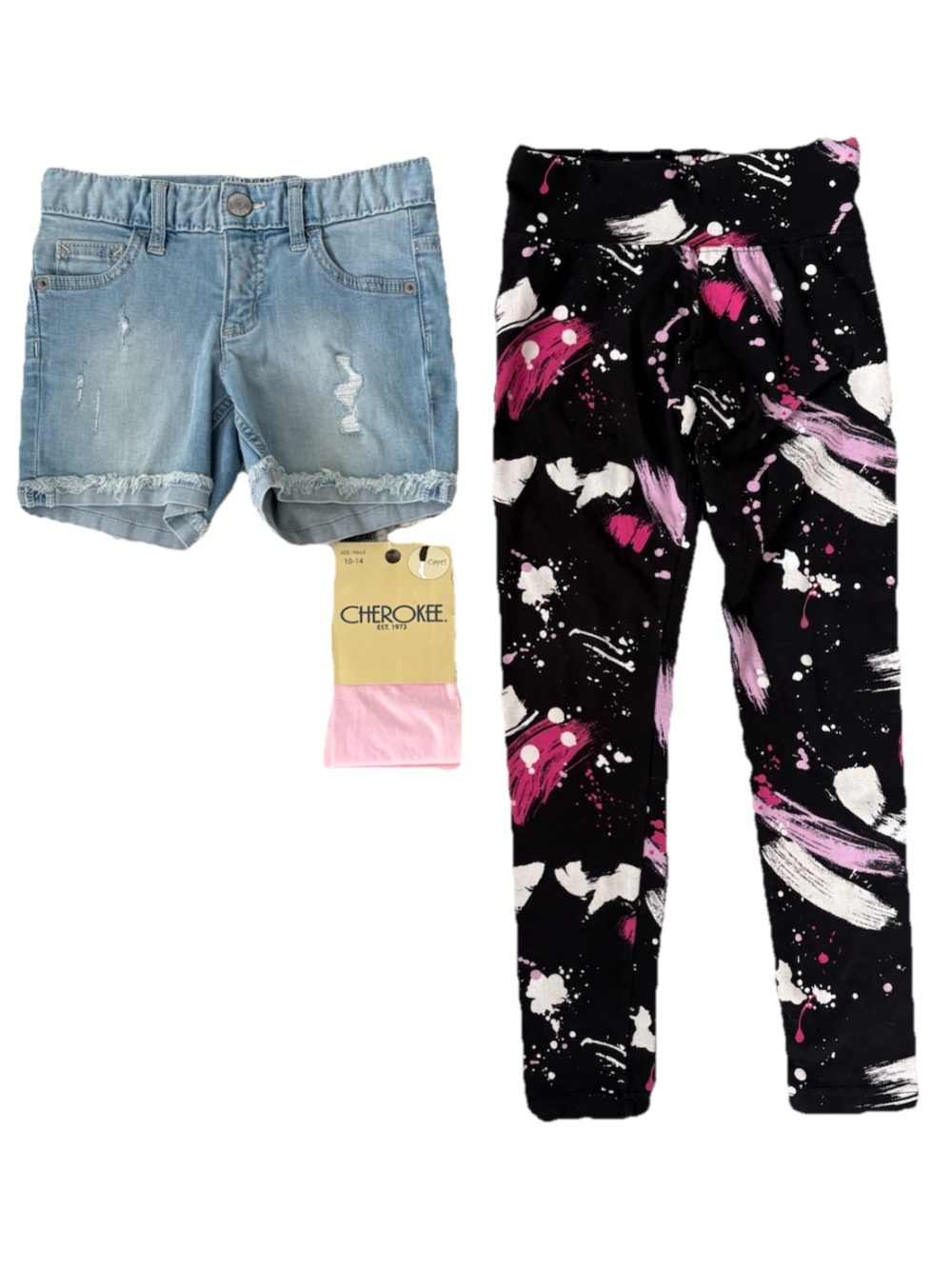 Justice Light Wash Jean Shorts & Leggings & Cherokee Pink Capris Tights